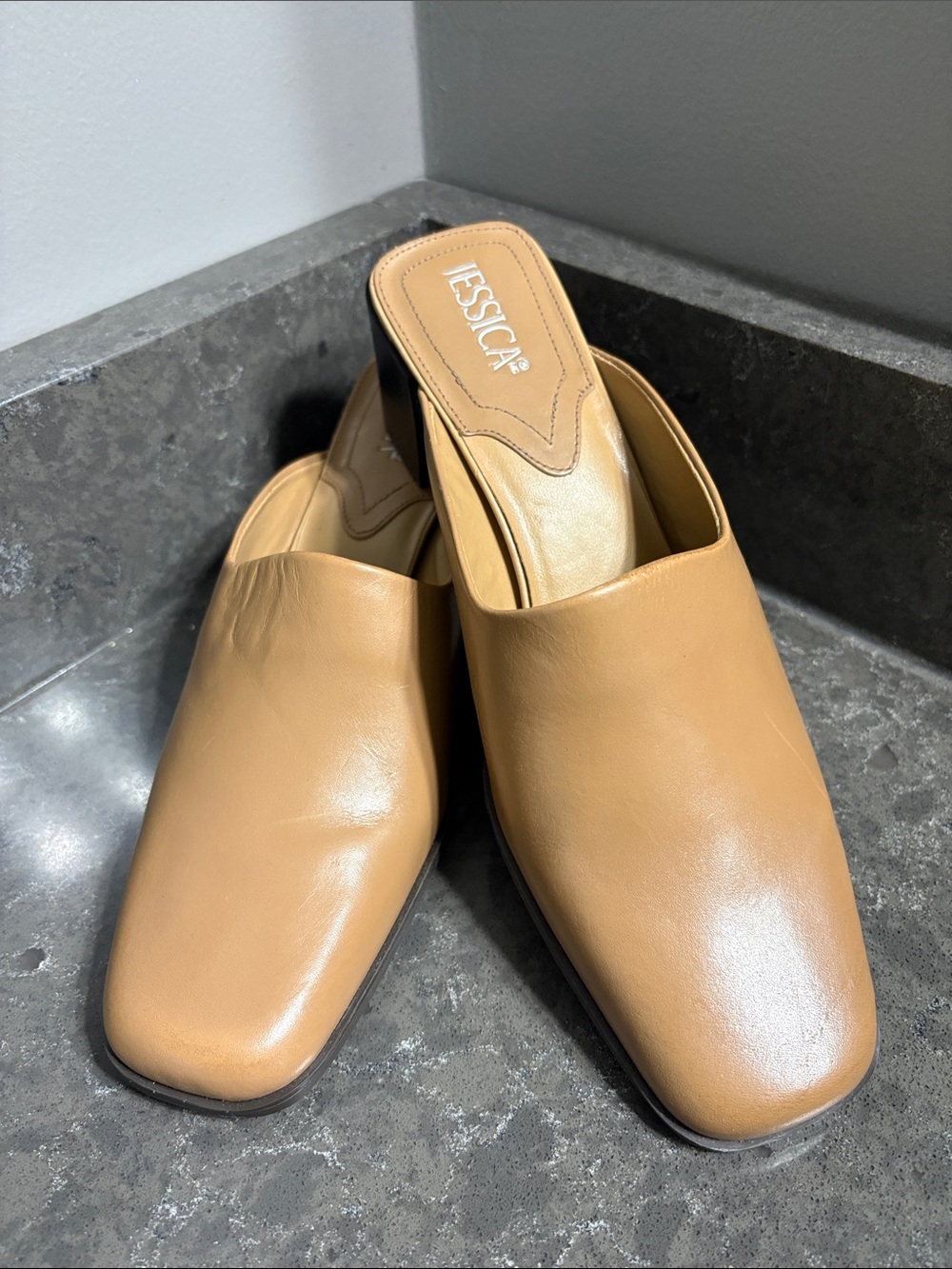 Jessica Camel Tan Slip-On Leather Mules